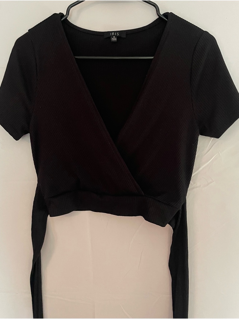 iris Black Ribbed Wrap Crop Top with Tie Waist